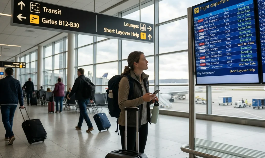A traveler checking the flight board for a 2-hour layover hack, featuring transit signs and Dreytravel.com branding.