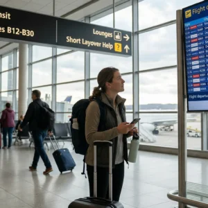 A traveler checking the flight board for a 2-hour layover hack, featuring transit signs and Dreytravel.com branding.