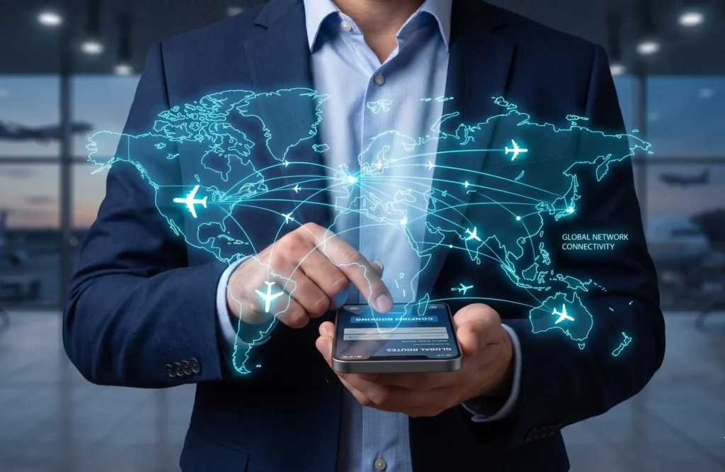 Businessman using a smartphone to book global connecting flights, with a glowing digital world map and flight routes hovering above the screen.