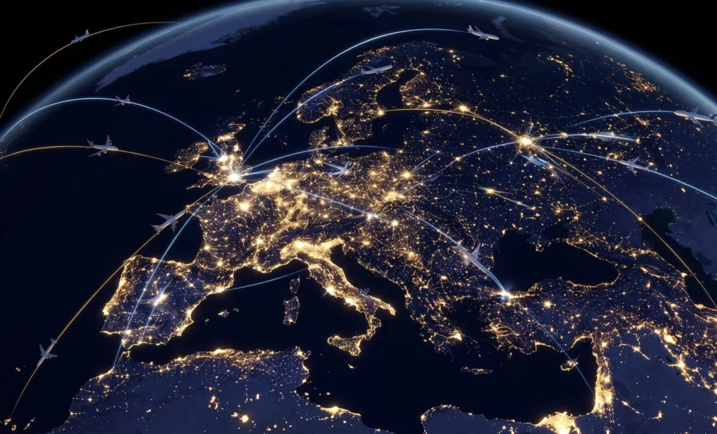 3D view of the Earth from space at night, showing glowing city lights and illuminated international connecting flight paths over Europe.